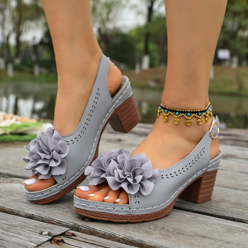 Women'S Shoes Peep Toe - Vintage Çiçek Desenli Peep Toe Sandaletler