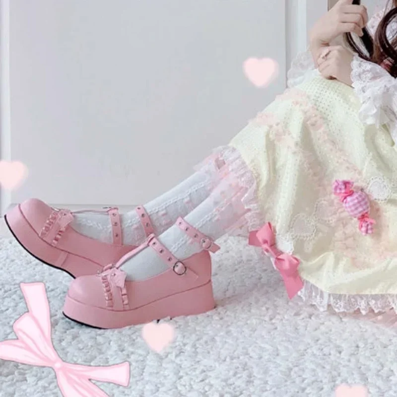 Women Shoes Japanese Brand - Yeni marka kızlar platformu takozlar pembe