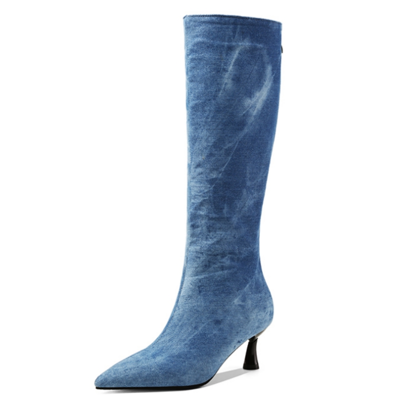 Women Shoes Jeans - Mavi Kot Diz Yüksek Çizmeler Kadın
