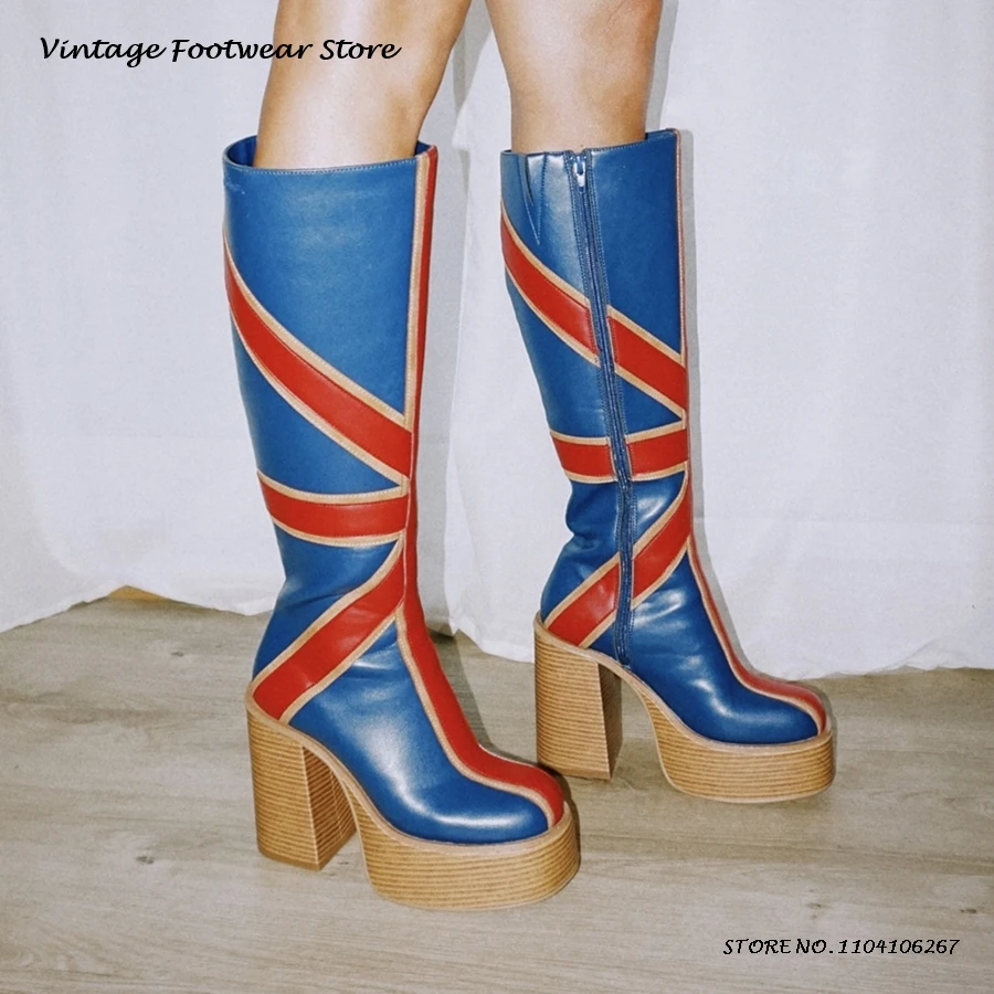 Knee High Boots Women - Patchwork Deri Platform Diz Çizmeler İngiliz