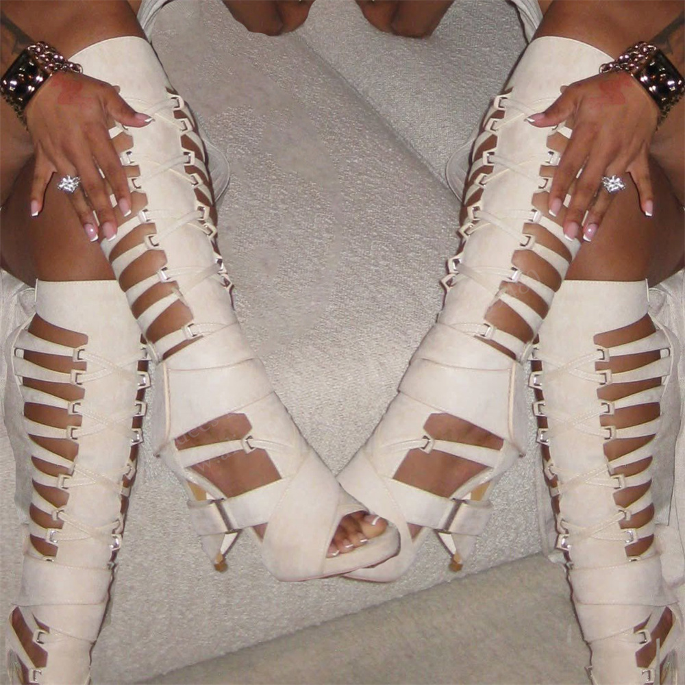 Knee High Boots Women - Gladyatör Oyuk Kemer Tokalı Diz Üstü