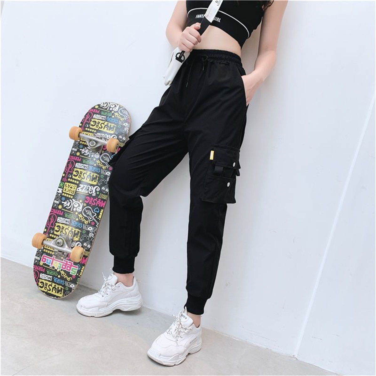 Women Shoes Joggers - Siyah kargo pantolon kadınlar Casual Joggers