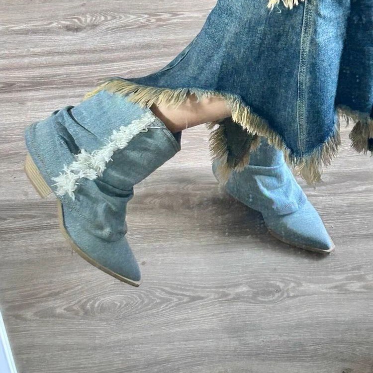 Women Shoes Jeans - Pilili Denim yarım çizmeler kadın 2023