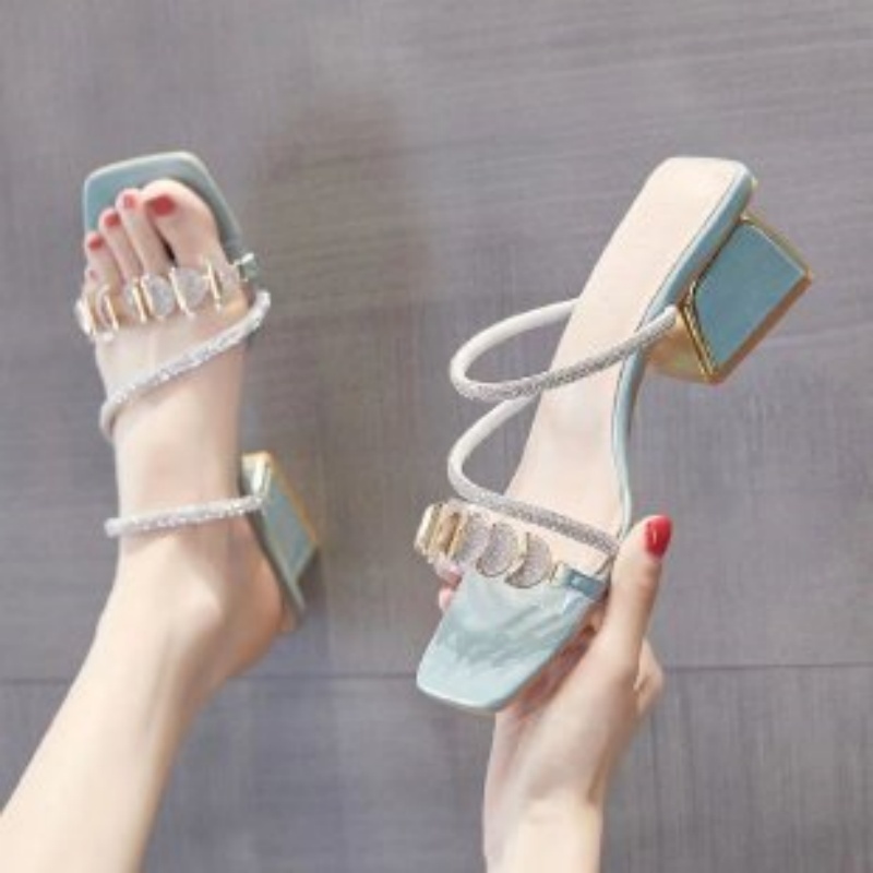 Clear Strap Heel - Kadın Yazlık Rhinestone Şeffaf Askılı Sandalet