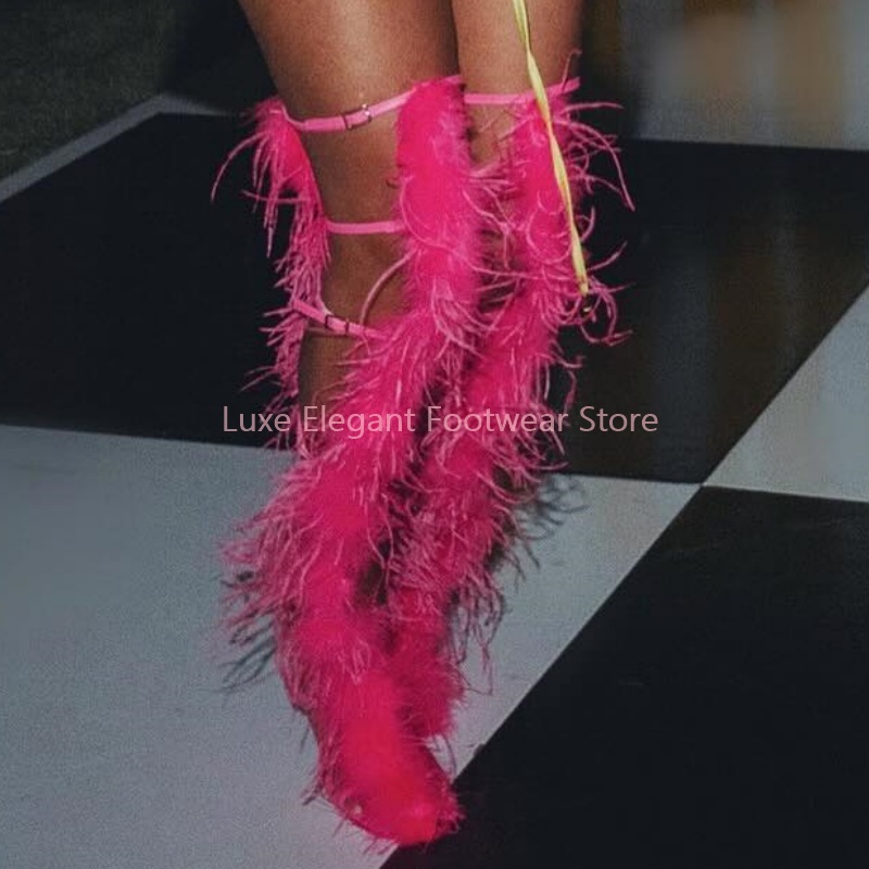 Pembe Tüylü Askılı Tokalı Bant - Knee High Boots Women incelemesi ve fiyatı